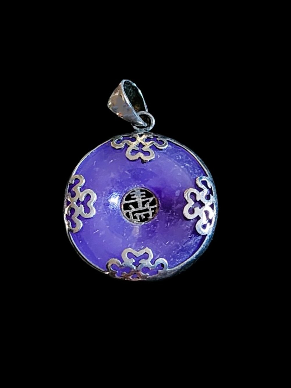 Vtg 1980s 925 Sterling Silver Lavender Purple Jade Chinese Shou Pendant 6.2g